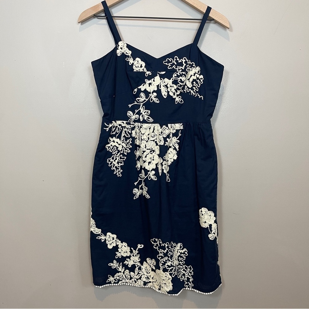 J. CREW Navy Blue Spaghetti Strap Embroidered Feminine 
 Dress
